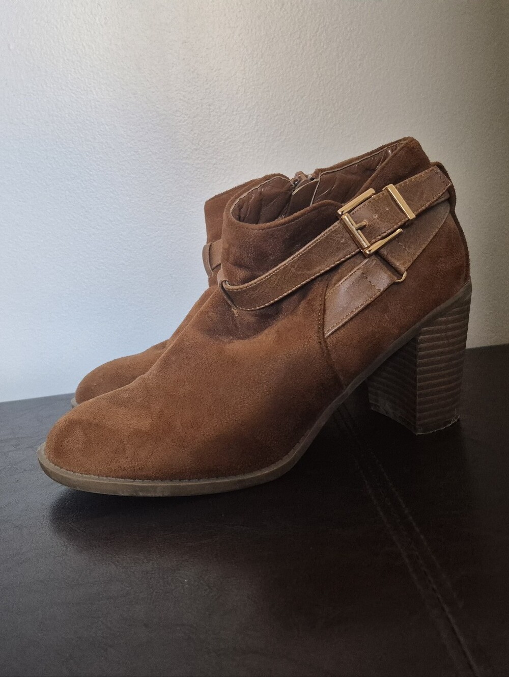 Classic Brown Faux Suede Ankle Booties with Buckle Accent